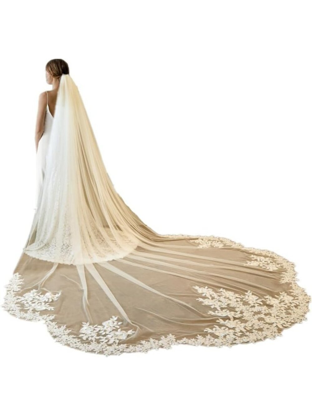 Elegant Long Lace Wedding Veil - Soft Tulle Bridal Veil with Metal Comb, One